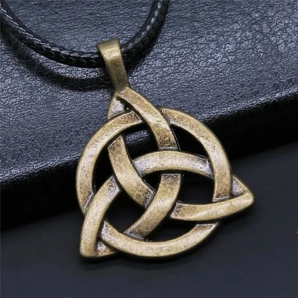 Bronze Triquetra Wiccan Pagan Irish Celtic Knot Black Vegan Leather Necklace